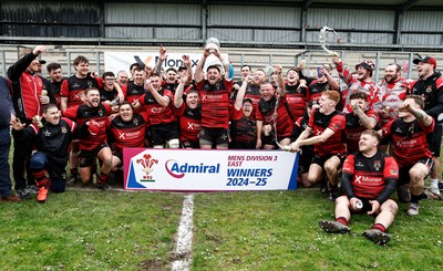 260425 - Rhymney RFC League Trophy Presentation - Admiral National League 3 East - Club Captain Tyler Evans and his team celebrate winning the league
