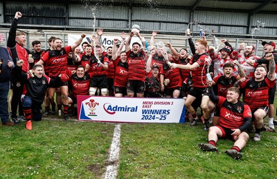 260425 - Rhymney RFC League Trophy Presentation - Admiral National League 3 East - Club Captain Tyler Evans and his team celebrate winning the league