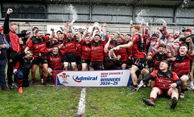 260425 - Rhymney RFC League Trophy Presentation - Admiral National League 3 East - Club Captain Tyler Evans and his team celebrate winning the league