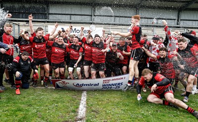 260425 - Rhymney RFC League Trophy Presentation - Admiral National League 3 East - Club Captain Tyler Evans and his team celebrate winning the league