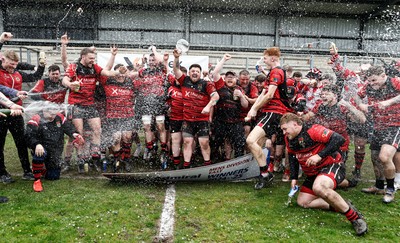 260425 - Rhymney RFC League Trophy Presentation - Admiral National League 3 East - Club Captain Tyler Evans and his team celebrate winning the league