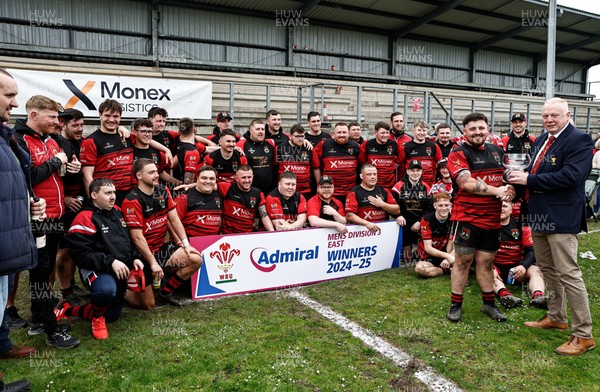 260425 - Rhymney RFC League Trophy Presentation - Admiral National League 3 East - Colin Wilks of the WRU presents the trophy to Club Captain Tyler Evans