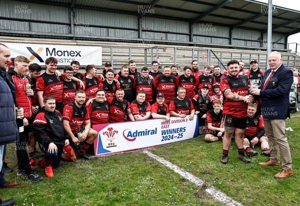 260425 - Rhymney RFC League Trophy Presentation - Admiral National League 3 East - Colin Wilks of the WRU presents the trophy to Club Captain Tyler Evans