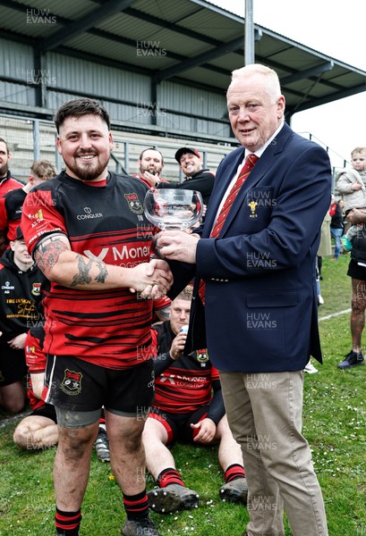 260425 - Rhymney RFC League Trophy Presentation - Admiral National League 3 East - Colin Wilks of the WRU presents the trophy to Club Captain Tyler Evans