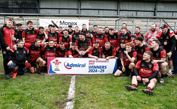 260425 - Rhymney RFC League Trophy Presentation - Admiral National League 3 East - Club Captain Tyler Evans and his team celebrate winning the league