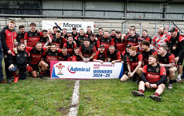 260425 - Rhymney RFC League Trophy Presentation - Admiral National League 3 East - Club Captain Tyler Evans and his team celebrate winning the league