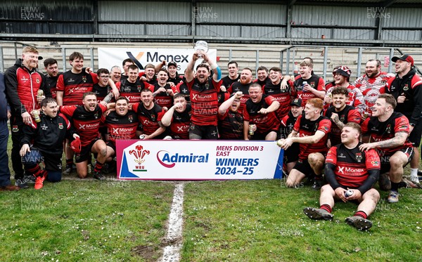 260425 - Rhymney RFC League Trophy Presentation - Admiral National League 3 East - Club Captain Tyler Evans and his team celebrate winning the league