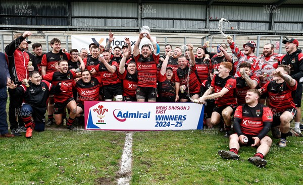 260425 - Rhymney RFC League Trophy Presentation - Admiral National League 3 East - Club Captain Tyler Evans and his team celebrate winning the league