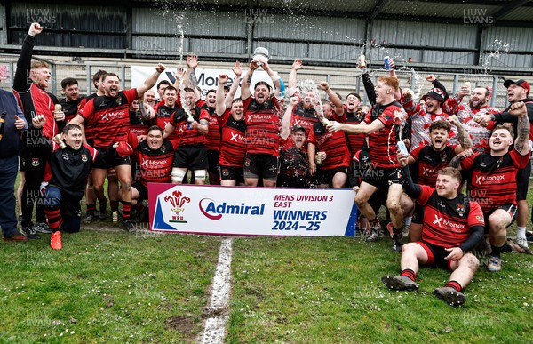 260425 - Rhymney RFC League Trophy Presentation - Admiral National League 3 East - Club Captain Tyler Evans and his team celebrate winning the league