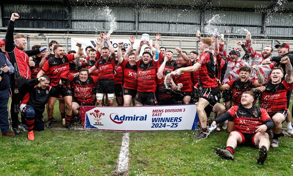260425 - Rhymney RFC League Trophy Presentation - Admiral National League 3 East - Club Captain Tyler Evans and his team celebrate winning the league