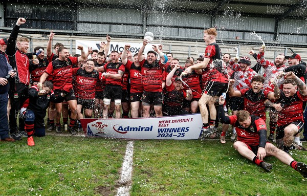 260425 - Rhymney RFC League Trophy Presentation - Admiral National League 3 East - Club Captain Tyler Evans and his team celebrate winning the league