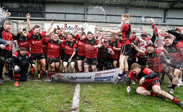260425 - Rhymney RFC League Trophy Presentation - Admiral National League 3 East - Club Captain Tyler Evans and his team celebrate winning the league