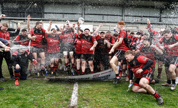 260425 - Rhymney RFC League Trophy Presentation - Admiral National League 3 East - Club Captain Tyler Evans and his team celebrate winning the league