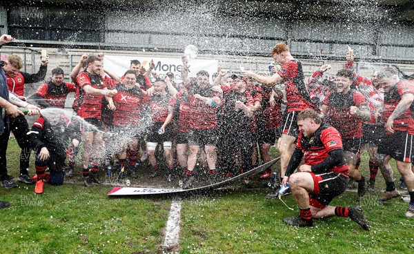 260425 - Rhymney RFC League Trophy Presentation - Admiral National League 3 East - Club Captain Tyler Evans and his team celebrate winning the league