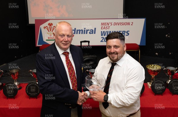 300526 - Rhymney RFC, Admiral National League 2 East Trophy Presentation - Colin Wilks, WRU National Council Member presents Rhymney RFC captain Tyler Evans with the league trophy after Rhymney win Admiral National League 2 East