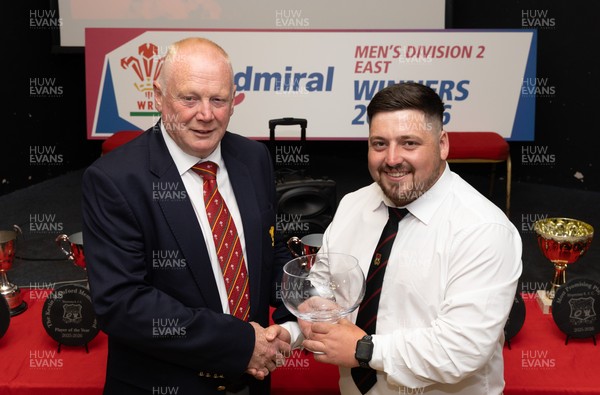 300526 - Rhymney RFC, Admiral National League 2 East Trophy Presentation - Colin Wilks, WRU National Council Member presents Rhymney RFC captain Tyler Evans with the league trophy after Rhymney win Admiral National League 2 East