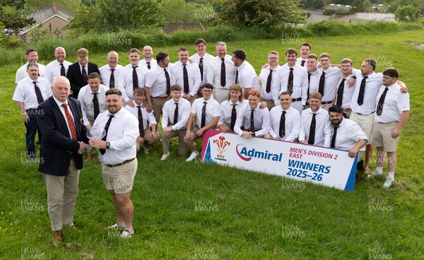 300526 - Rhymney RFC, Admiral National League 2 East Trophy Presentation - Colin Wilks, WRU National Council Member presents Rhymney RFC captain Tyler Evans with the league trophy after Rhymney win Admiral National League 2 East