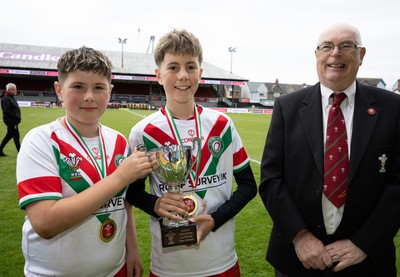 280426 - Rhymney v Mynydd Mawr, DC Thomas Plate Final - Rhymney captains are presented with the trophy after winning the DC Thomas Plate Final
