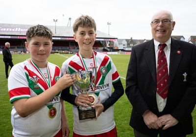 280426 - Rhymney v Mynydd Mawr, DC Thomas Plate Final - Rhymney captains are presented with the trophy after winning the DC Thomas Plate Final