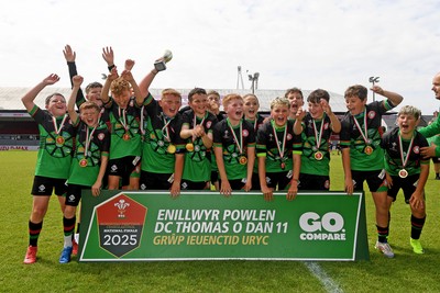 210525 - Rhymney Valley and Caerphilly District v Pembs Schools  - WSRU Junior Group - U11s DC Thomas Bowl Final - Rhymney Valley and Caerphilly District players celebrate lifting the trophy 