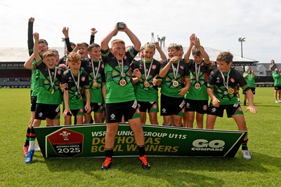 210525 - Rhymney Valley and Caerphilly District v Pembs Schools  - WSRU Junior Group - U11s DC Thomas Bowl Final - Rhymney Valley and Caerphilly District players celebrate lifting the trophy 