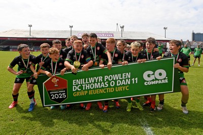 210525 - Rhymney Valley and Caerphilly District v Pembs Schools  - WSRU Junior Group - U11s DC Thomas Bowl Final - Rhymney Valley and Caerphilly District players celebrate lifting the trophy