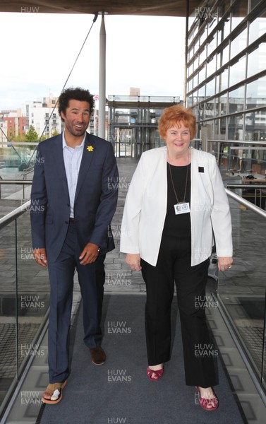 19.07.11 - Richard Parks 737 Challenge Homecoming event, Senedd, Cardiff Former Welsh rugby player Richard Parks with Welsh Assemby Presiding Officer Rosemary Butler, as he arrives back in Cardiff for a reception at the Senedd after completing his 737 Challenge. 