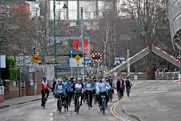 230224 - Ospreys in the Community Ride 2 Rugby Cycle Ride - Riders arrive at the Aviva Stadium in Dublin at the end of the Ride 2 Rugby Cycle Ride