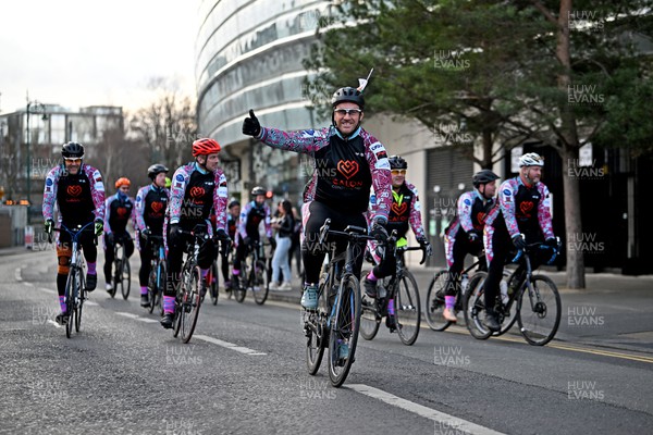 230224 - Ospreys in the Community Ride 2 Rugby Cycle Ride - Riders arrive at the Aviva Stadium in Dublin at the end of the Ride 2 Rugby Cycle Ride