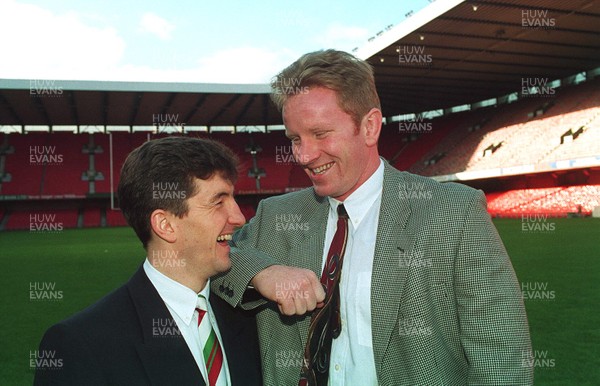 060195 - Picture shows Robert Jones and Stuart Davies celebrating their recall into the Wales squad at the Arms Park