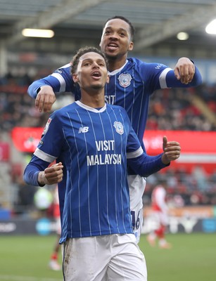 070226 - Rotherham United v Cardiff City - Sky Bet League 1 - Omari Kellyman of Cardiff celebrates scoring  the 1st goal of the match with Chris Willock of Cardiff