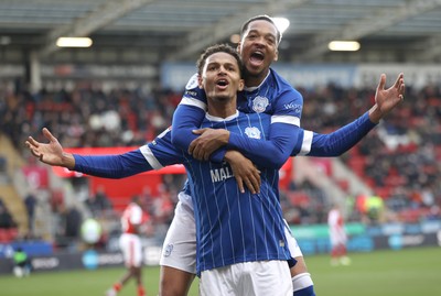 070226 - Rotherham United v Cardiff City - Sky Bet League 1 - Omari Kellyman of Cardiff celebrates scoring  the 1st goal of the match with Chris Willock of Cardiff