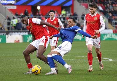 070226 - Rotherham United v Cardiff City - Sky Bet League 1 - Chris Willock of Cardiff is caught by Emmanuel Adegboyega of Rotherham