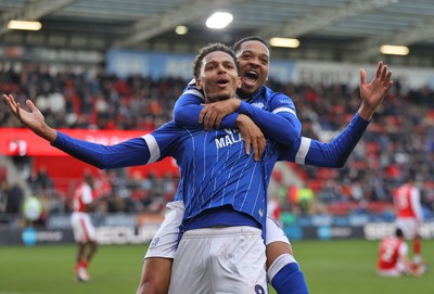 070226 - Rotherham United v Cardiff City - Sky Bet League 1 - Omari Kellyman of Cardiff celebrates scoring  the 1st goal of the match with Chris Willock of Cardiff