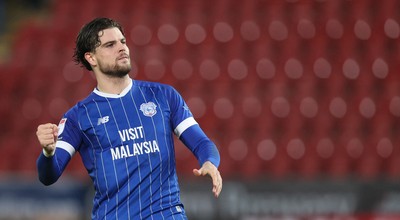 070226 - Rotherham United v Cardiff City - Sky Bet League 1 - Ollie Tanner of Cardiff celebrates at the end off the match to the travelling fans