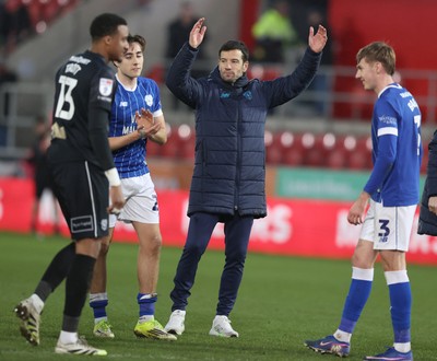 070226 - Rotherham United v Cardiff City - Sky Bet League 1 - Manager Brian Barry-Murphy of Cardiff and Joel Colwill of Cardiff at the end of the match with Joel Bagan of Cardiff and Goalkeeper Nathan Trott of Cardiff