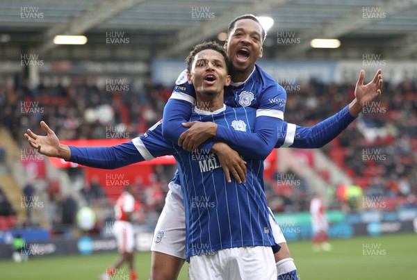 070226 - Rotherham United v Cardiff City - Sky Bet League 1 - Omari Kellyman of Cardiff celebrates scoring  the 1st goal of the match with Chris Willock of Cardiff