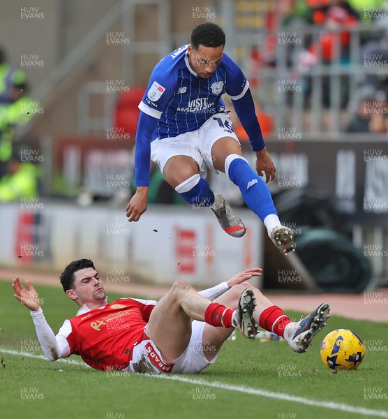070226 - Rotherham United v Cardiff City - Sky Bet League 1 - Chris Willock of Cardiff leaps over Joe Powell of Rotherham