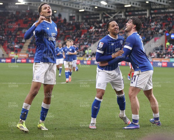 070226 - Rotherham United v Cardiff City - Sky Bet League 1 - Chris Willock of Cardiff celebrates scoring the 2nd Cardiff goal with Omari Kellyman of Cardiff and Ollie Tanner of Cardiff