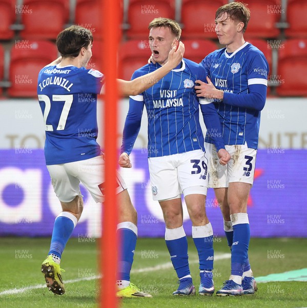 070226 - Rotherham United v Cardiff City - Sky Bet League 1 - Isaak Davies of Cardiff celebrates scoring the 3rd goal with Joel Colwill of Cardiff and Joel Bagan of Cardiff