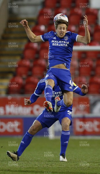 090221 - Rotherham United v Cardiff City - Sky Bet Championship - Will Vaulks of Cardiff and Sean Morrison of Cardiff go for the same header