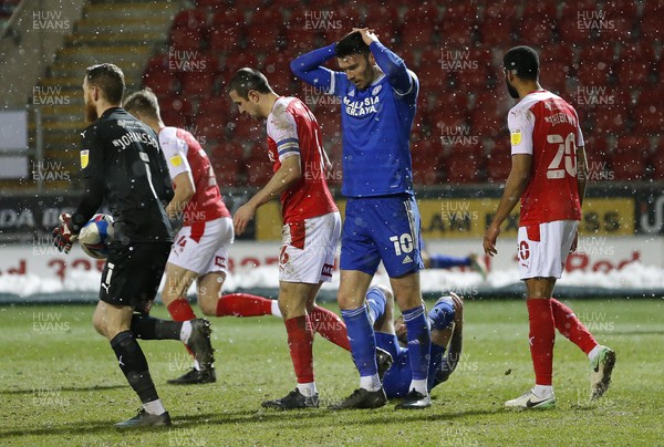 090221 - Rotherham United v Cardiff City - Sky Bet Championship - Kieffer Moore of Cardiff rues a missed chance