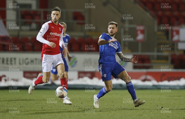090221 - Rotherham United v Cardiff City - Sky Bet Championship - Joe Ralls of Cardiff Looks at a missed chance with Matt Crooks of Rotherham United
