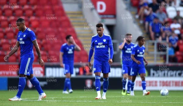 250718 - Rotherham United v Cardiff City - Preseason Friendly - Kenneth Zohore and Josh Murphy of Cardiff City looks dejected after conceding a goal