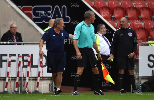 250718 - Rotherham United v Cardiff City - Preseason Friendly - Cardiff City manager Neil Warnock confronts the officials