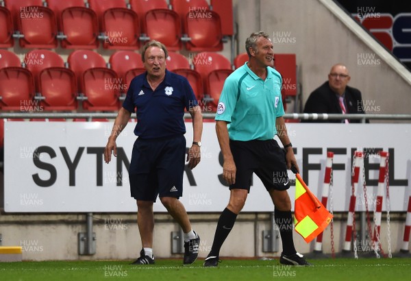 250718 - Rotherham United v Cardiff City - Preseason Friendly - Cardiff City manager Neil Warnock confronts the officials