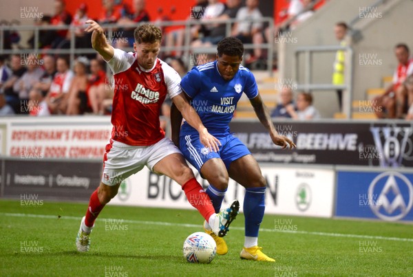 250718 - Rotherham United v Cardiff City - Preseason Friendly - Kadeem Harris of Cardiff City is tackled by Ben Wiles of Rotherham