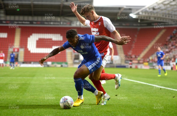 250718 - Rotherham United v Cardiff City - Preseason Friendly - Kadeem Harris of Cardiff City is tackled by Ben Wiles of Rotherham