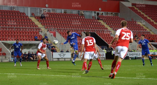 250718 - Rotherham United v Cardiff City - Preseason Friendly - Gary Madine of Cardiff City tries a shot at goal
