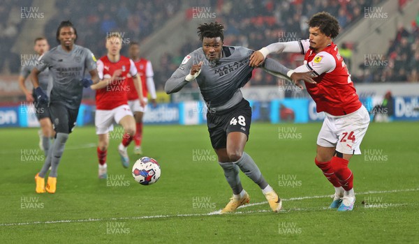 270423 - Rotherham v Cardiff - Sky Bet Championship - Sory Kaba of Cardiff receives the ball with Cameron Humphreys of Rotherham United